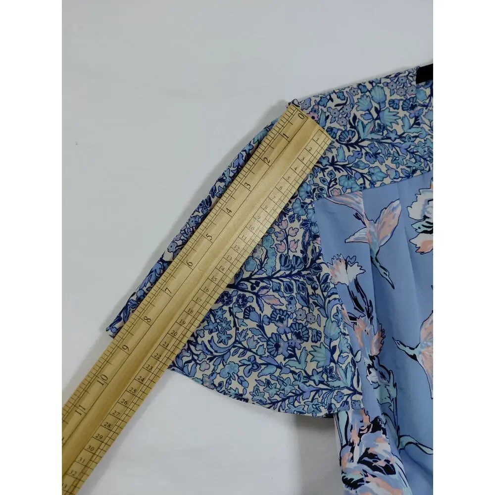 Bcbgmaxazria Blue Floral V-Neck Short Sleeve Wrap Dress Women Size S